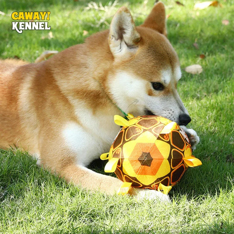 Bite-resistant plush ball dog toy with handle and internal bells for aggressive chewers