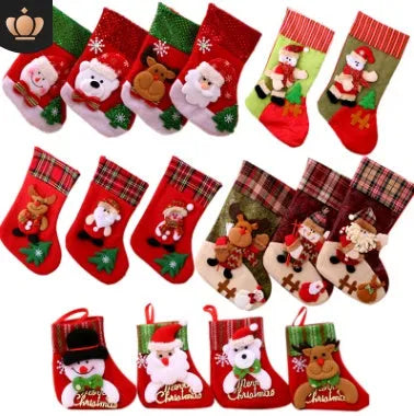 Hand-sewn cloth Christmas socks in sequin and letter styles, including a large red sock for gift bag use