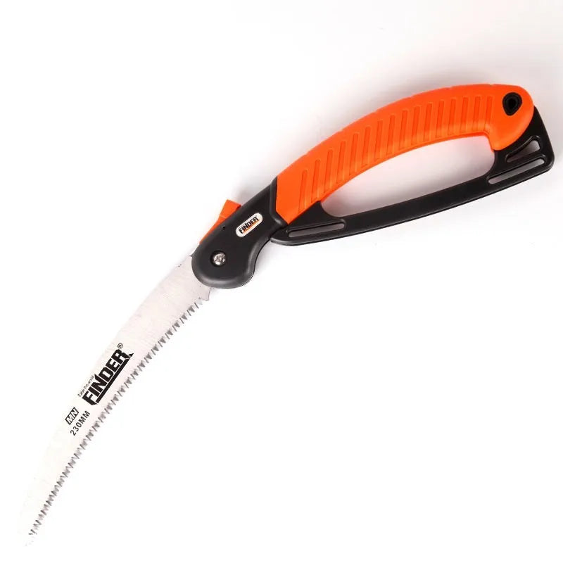 A folding garden hand saw with a TPR grip and a 9-inch 65MN steel blade, shown both open and closed.