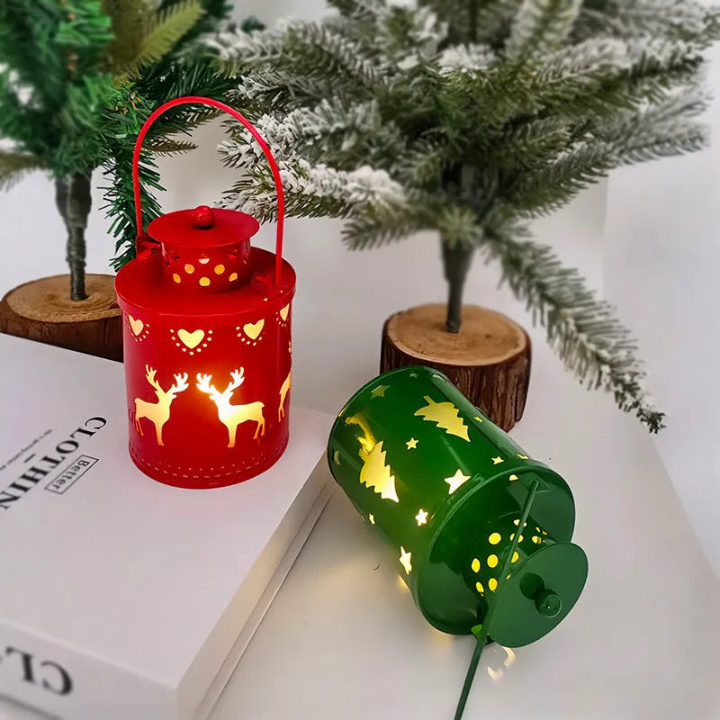 Nordic style LED Christmas candle lantern with wrought iron construction showing flickering light effect