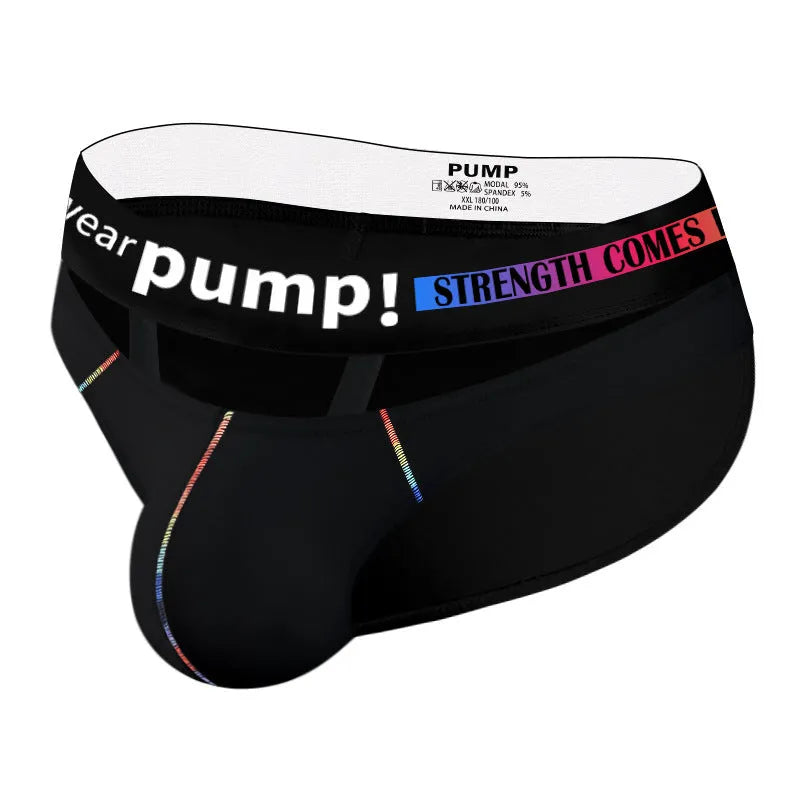 Men's solid black modal low-waist briefs laid flat
