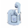 Transparent case true wireless Bluetooth earphones in light blue with digital display screen.