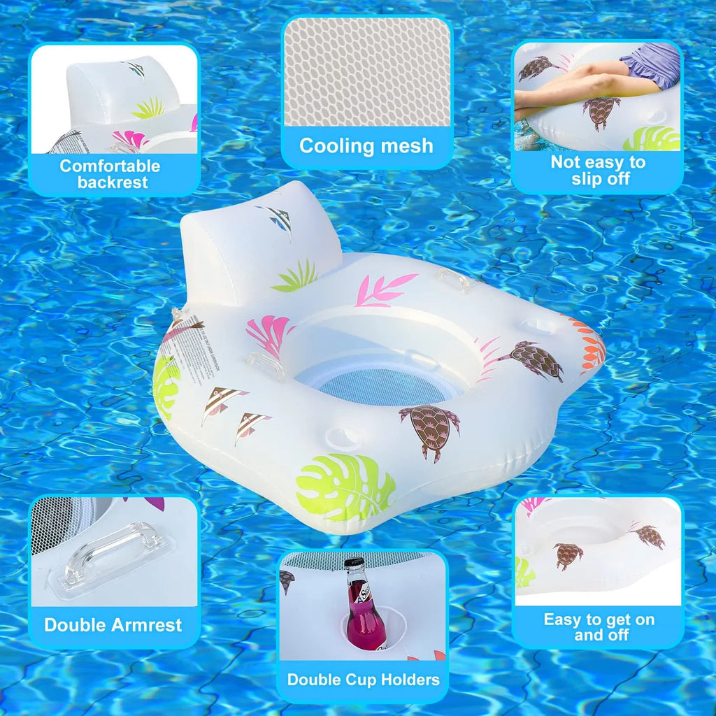 White luminous U-shaped inflatable float on water, showing recliner seat design.