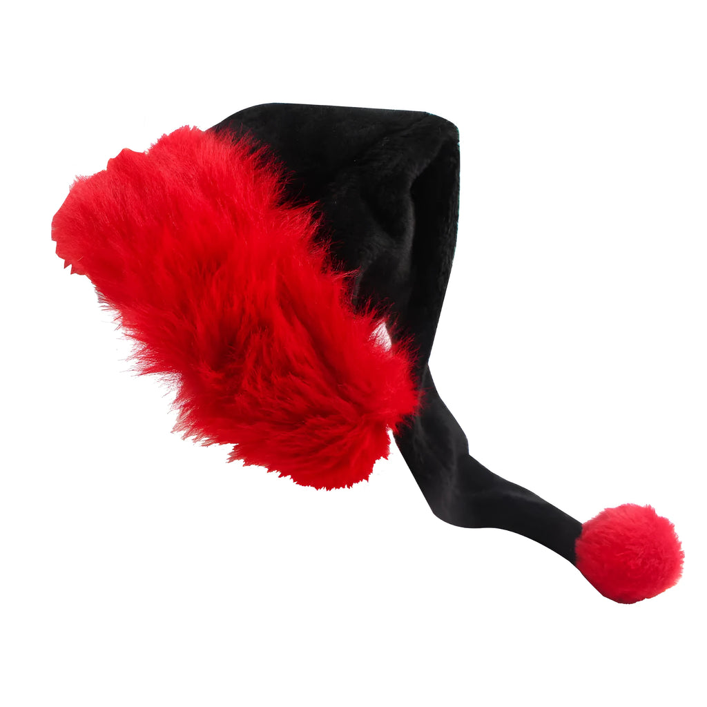Large red and black plush Christmas hat with classic European design, shown next to a white and black version.