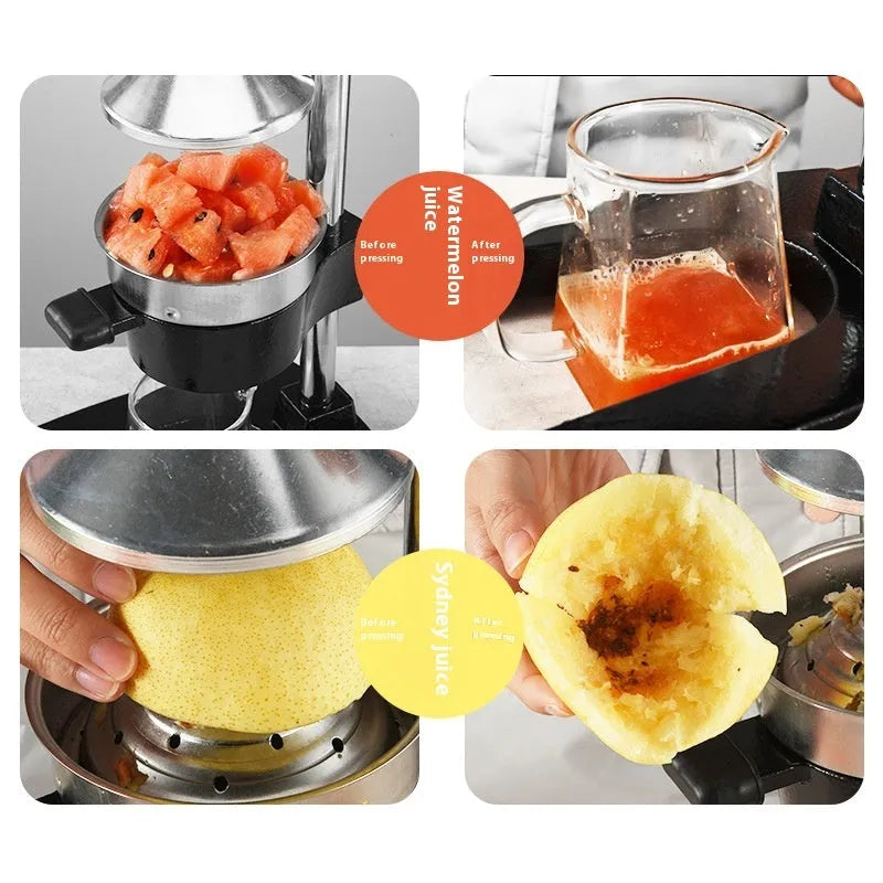 Black or white cast iron manual citrus juicer with stainless steel funnel and 40cm height