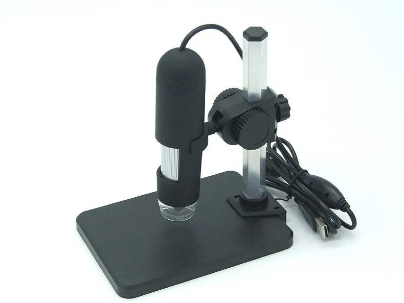 Black USB microscope camera with 8 LED lights, 1000X magnification, focus range 0-40mm