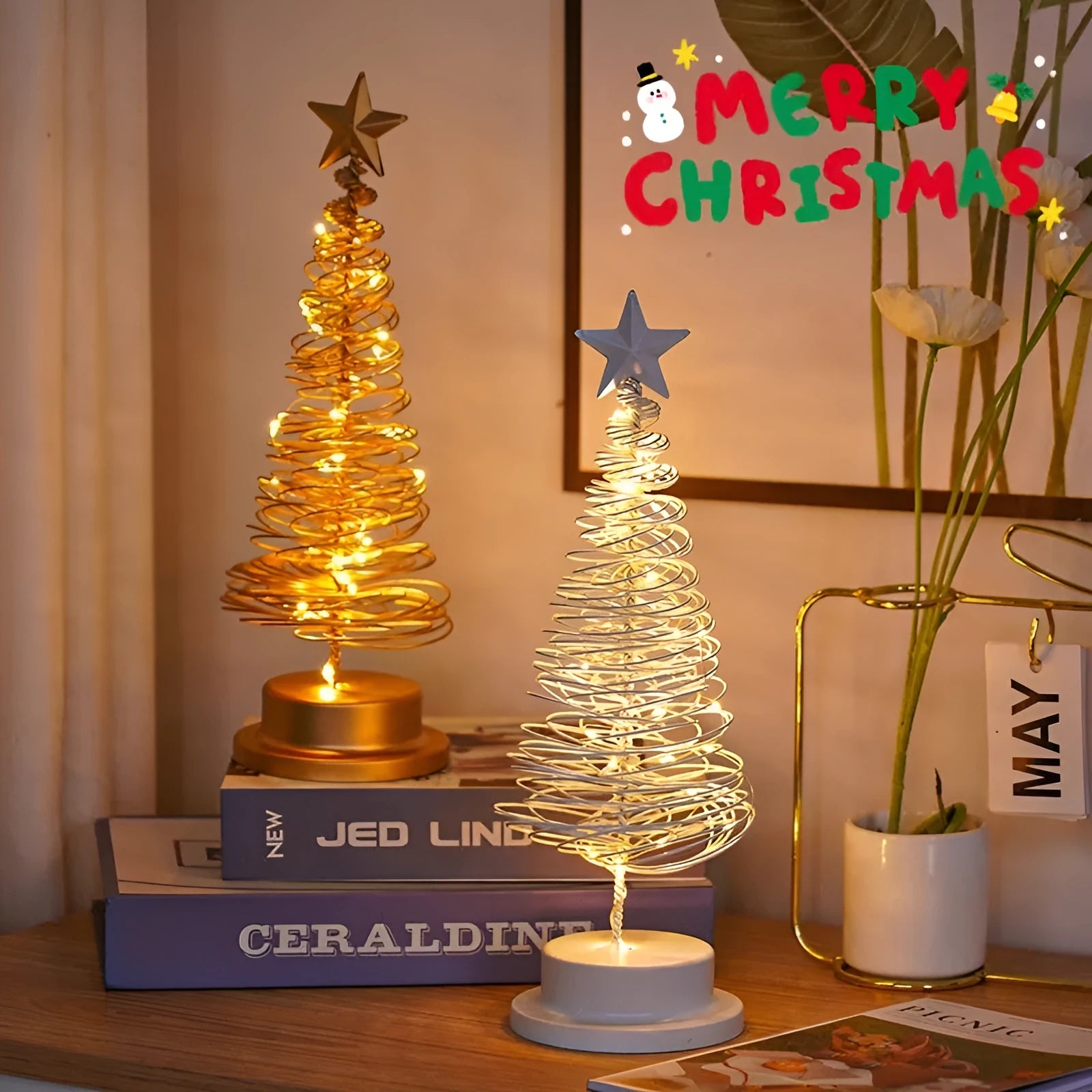 Metal LED spiral Christmas tree table ornament with warm white lights