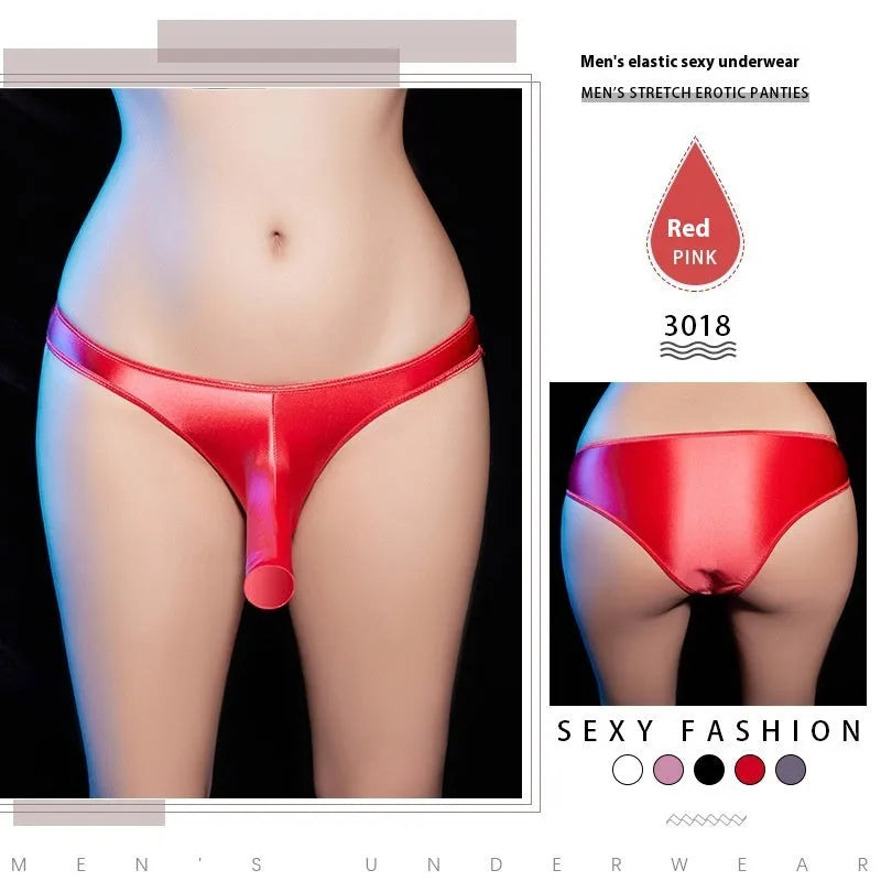 Men's low‑waist T‑back underwear in shiny nylon fabric, shown in black colour.