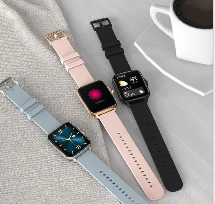 Smart watch with blue strap and 1.7-inch colour touch screen displaying time and heart rate