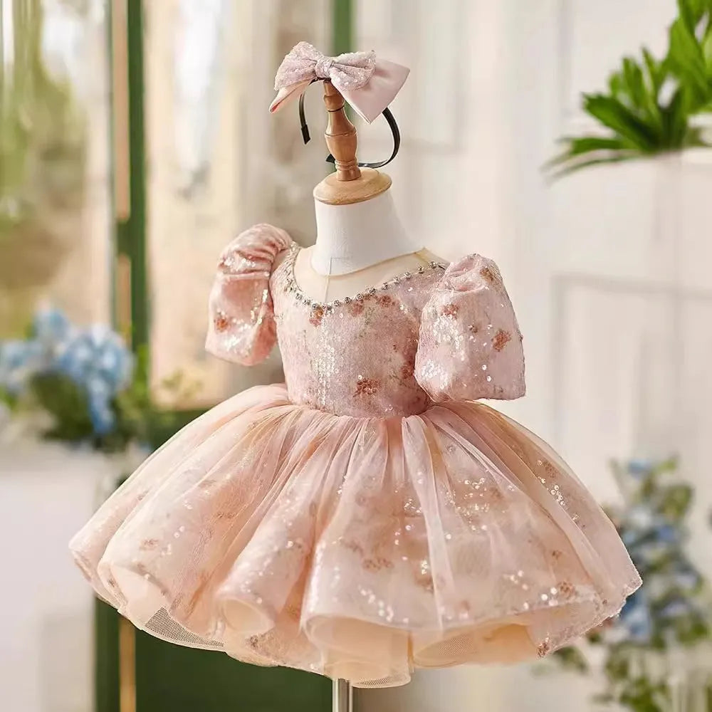 Girls' pink princess dress for birthday and piano recital, available in heights 80cm to 150cm