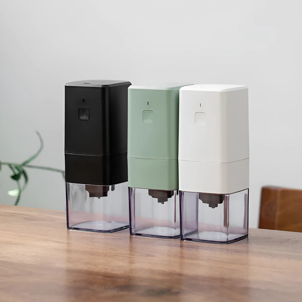 Square electric coffee bean grinder in black with USB Type-C charging port and copper motor, 25-30g capacity