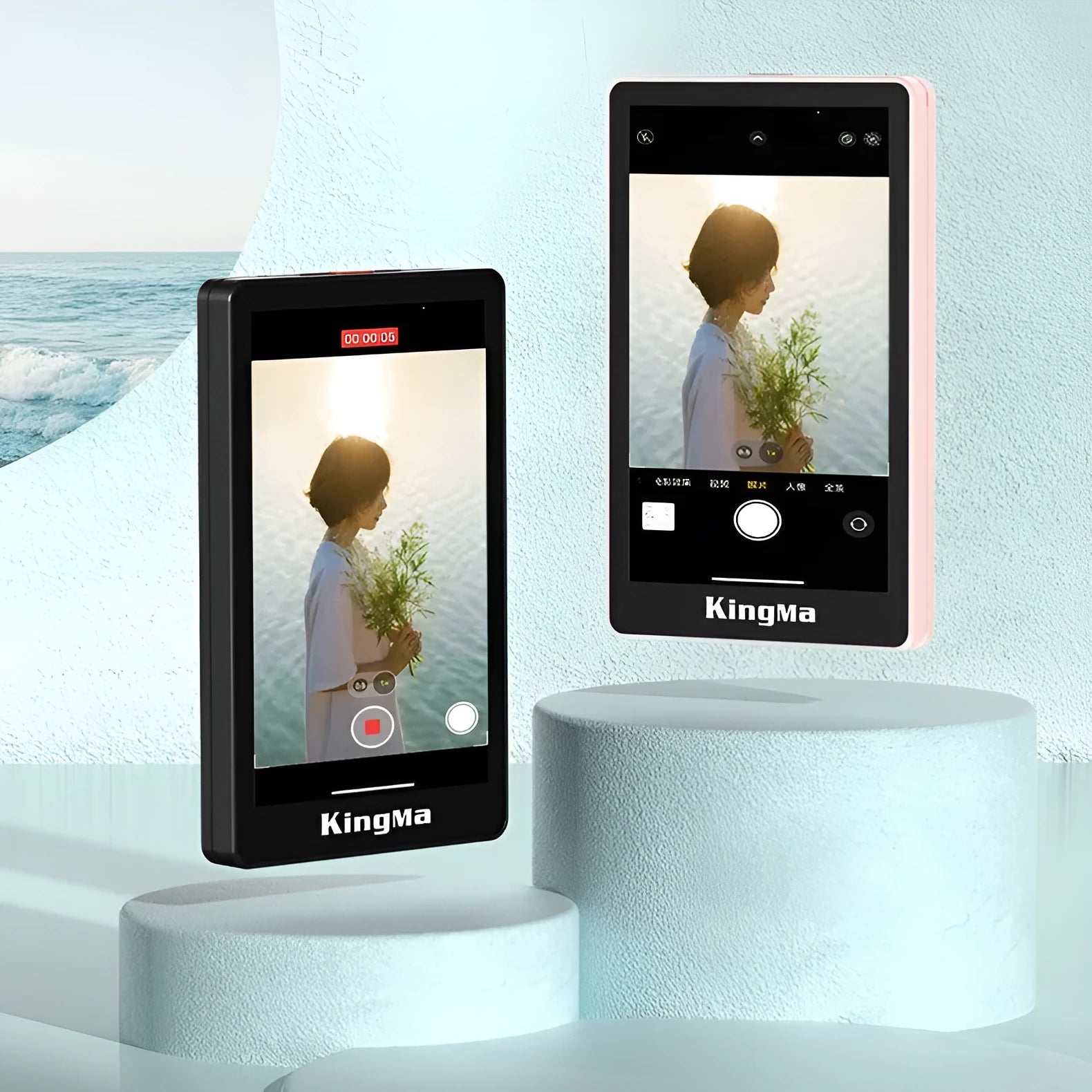 Wireless Bluetooth selfie display showing 1080p screen, available in pink and black models, lightweight 210g