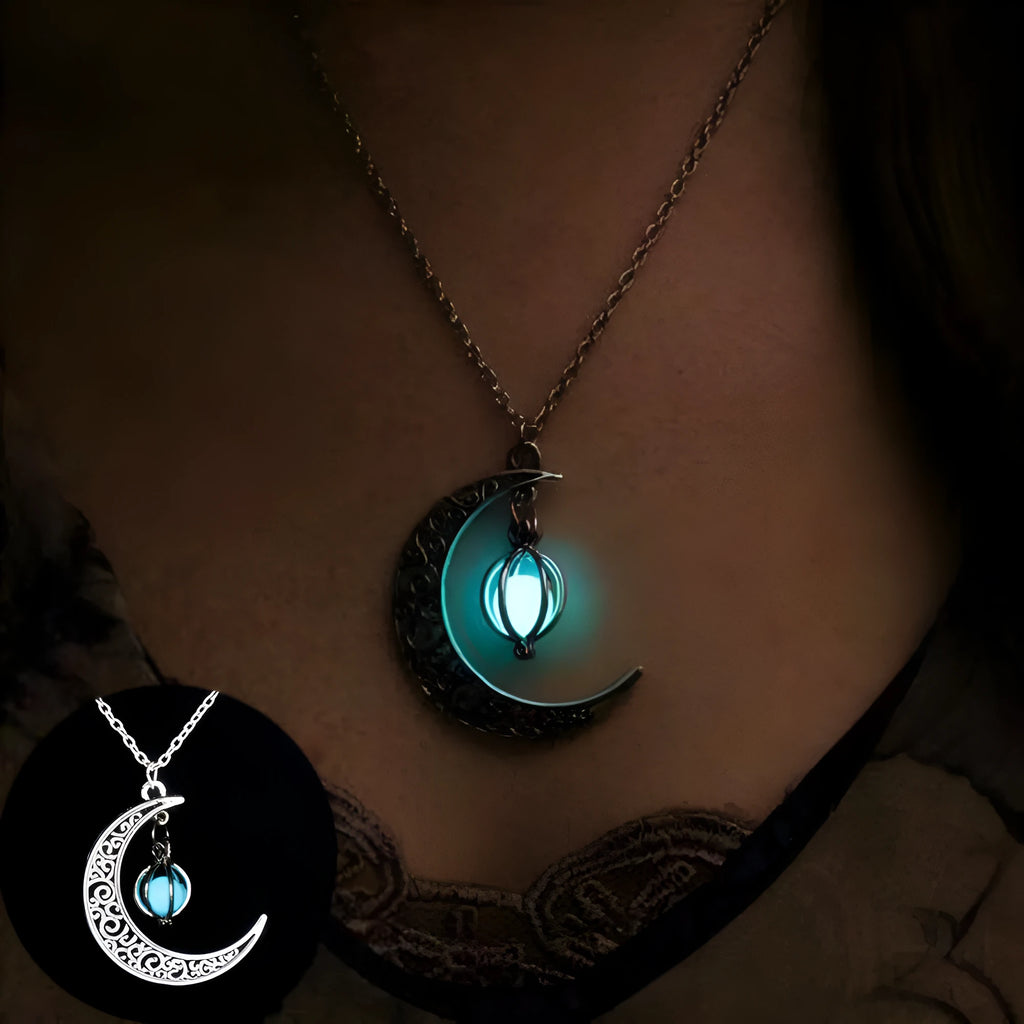 Luminous moon pendant necklace with copper charm, bamboo chain, 45+5cm adjustable length, glow in the dark, four colours