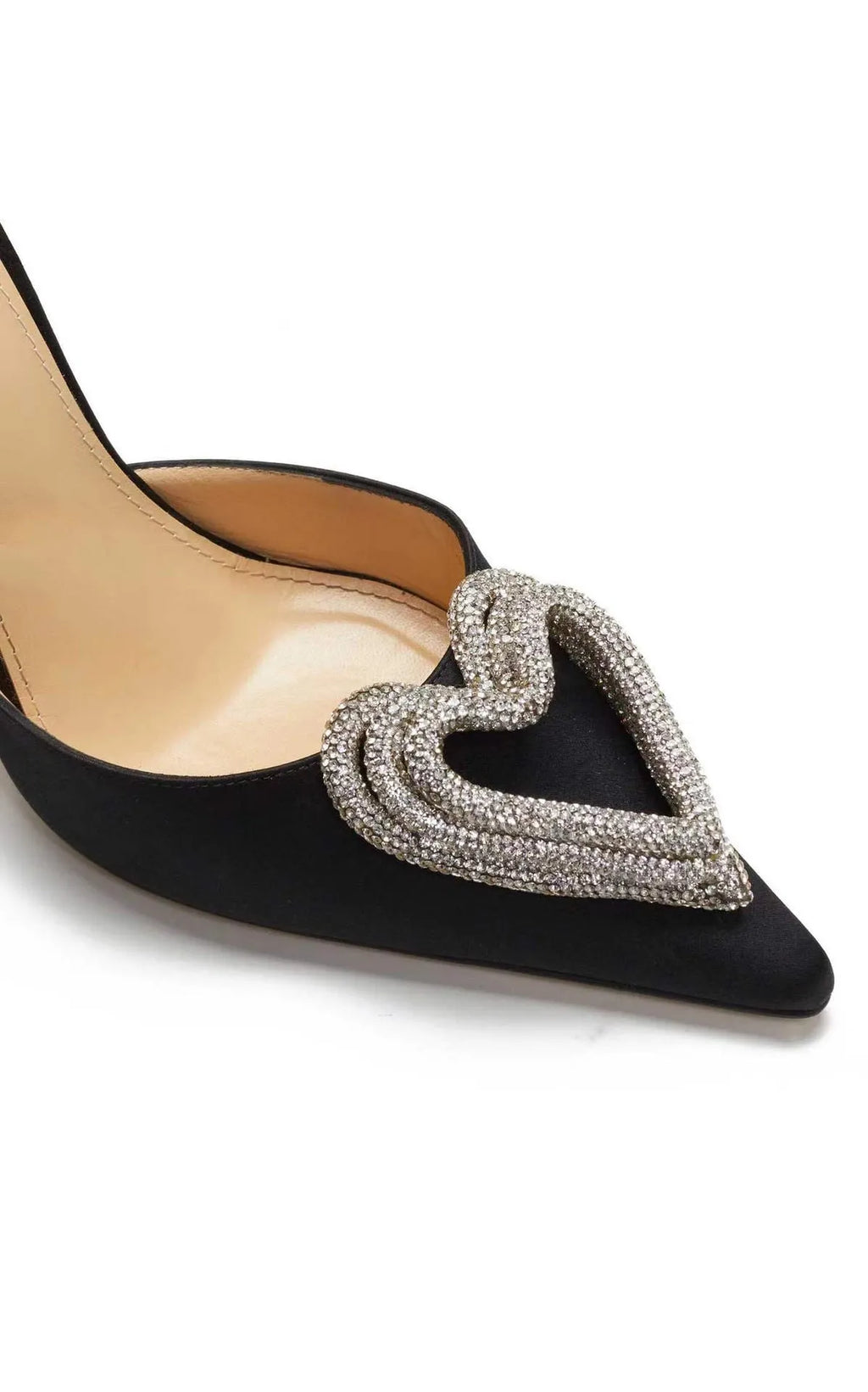 Women's pink satin sandals with heart-shaped rhinestones and adjustable cross-band straps