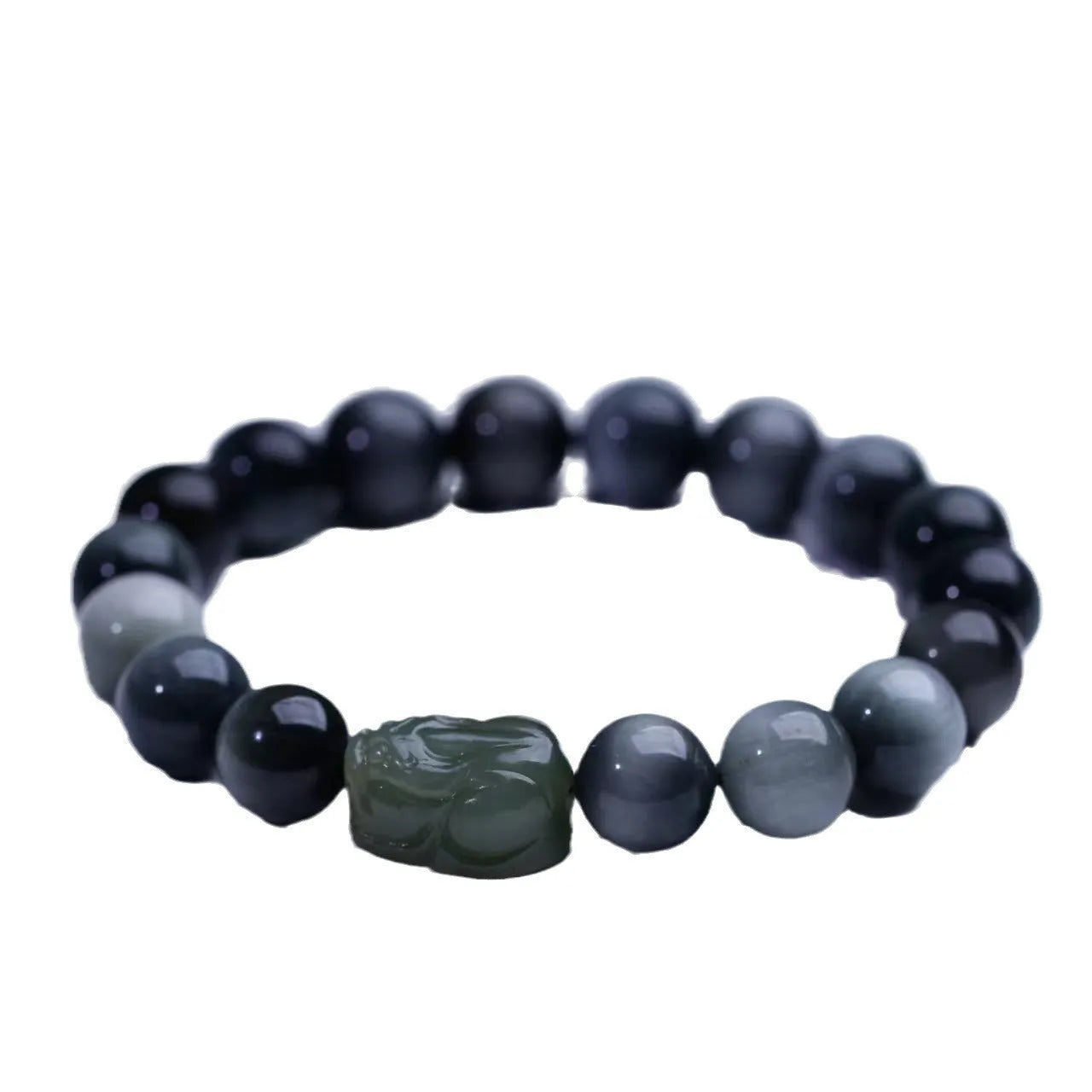 10mm Eagle Eye Stone bead bracelet with a natural Hetian Jade Clear Water Pixiu charm on a black cord.