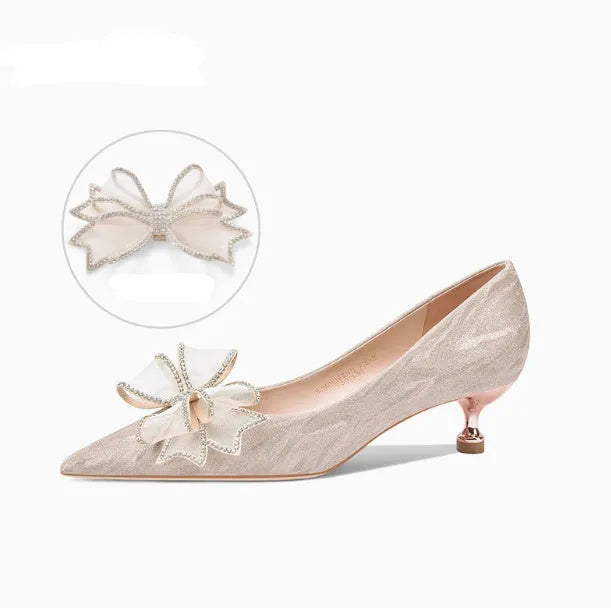 Women's champagne sequined stiletto heels with crystal decoration and pointed toe