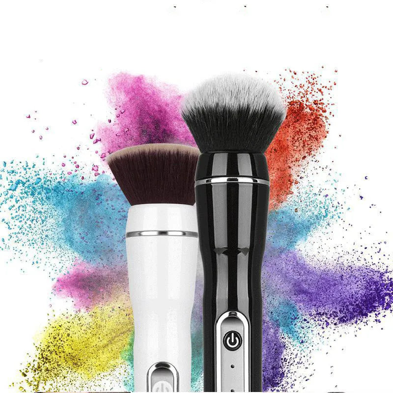 Electric makeup brush with foundation head and blush head, black, on a white background