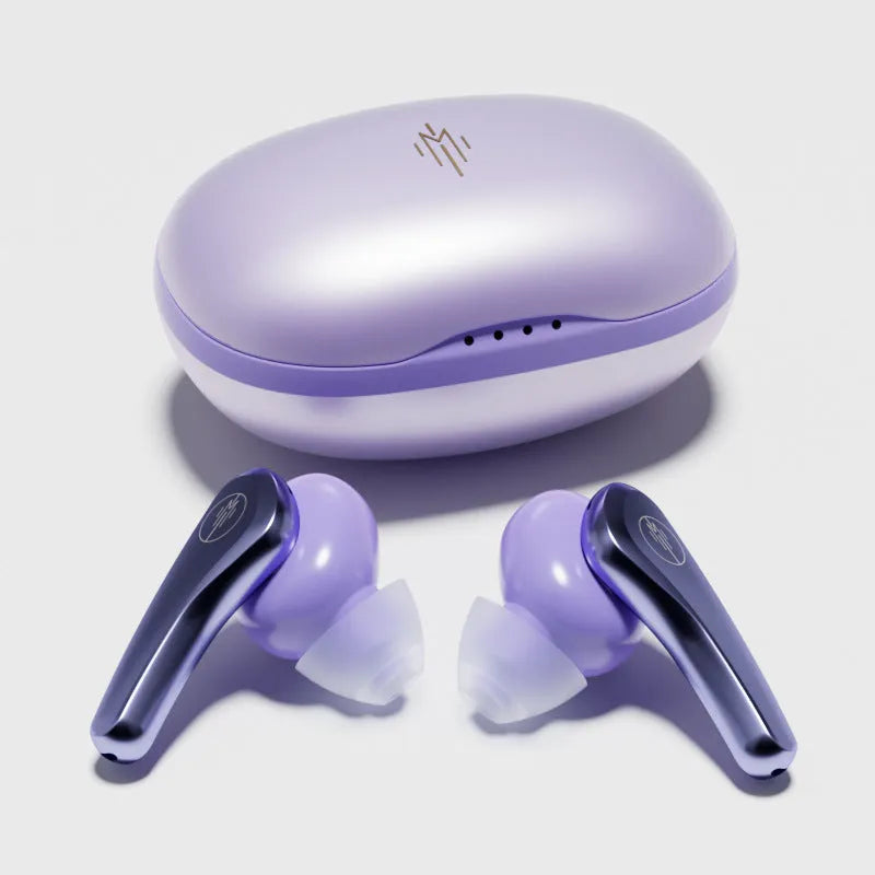 Wireless in-ear Bluetooth 5.3 headset in white, pink, purple, or black with charging compartment and data cable