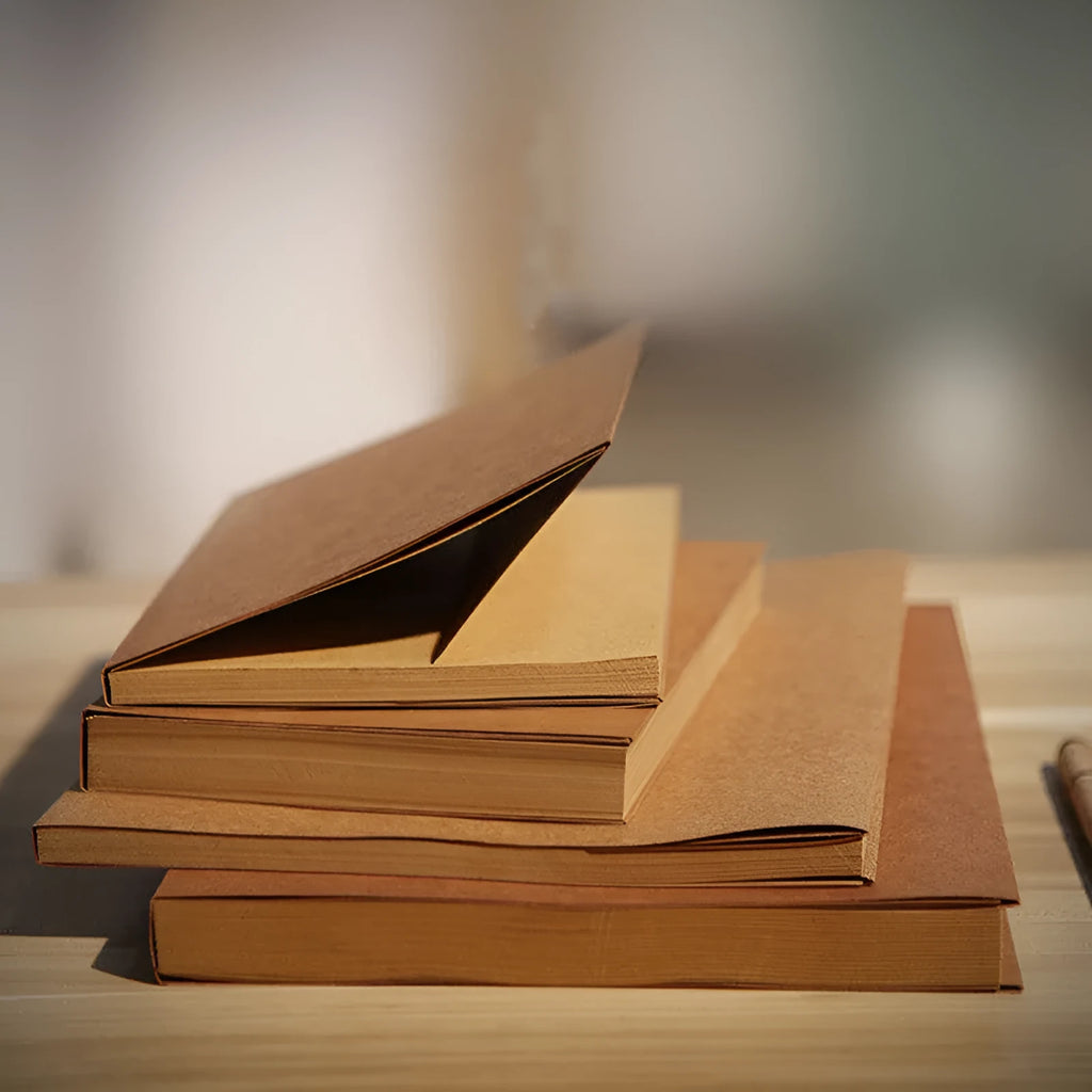 Brown and white covered kraft paper sketchbooks in 16K and 32K sizes showing binding and page detail.