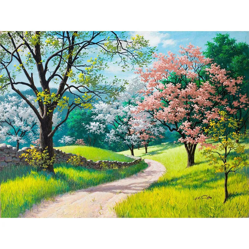DIY paint by numbers kit showing 40x50cm linen canvas with landscape design and pots of acrylic paint