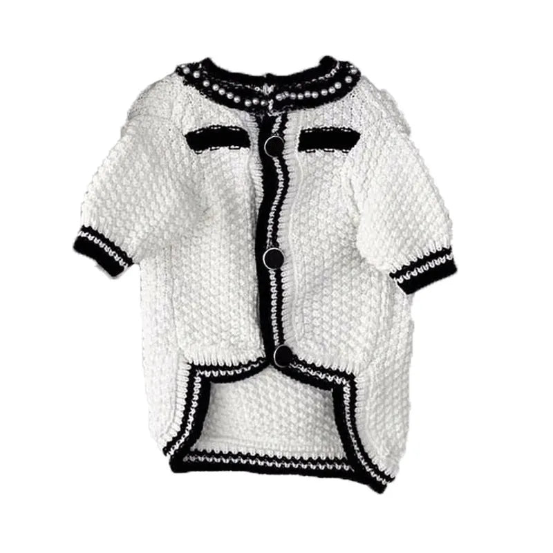 Korean style white dog sweater with pearl collar on small breed dog, princess cut design