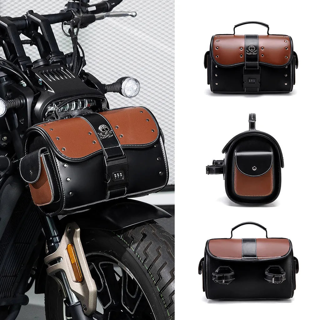 PU leather motorcycle front bag with colour contrast patchwork design mounted on handlebars
