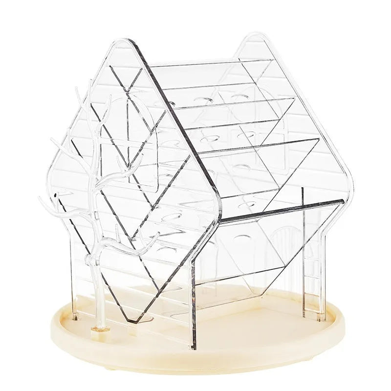 A rotating cosmetics storage box in a luxury style, shown in clear and amber gold colour options.