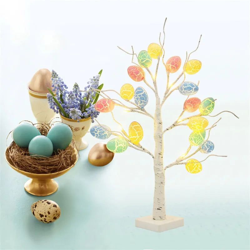 60cm LED Easter birch tree light with warm white LEDs and cracked egg ornaments on adjustable branches