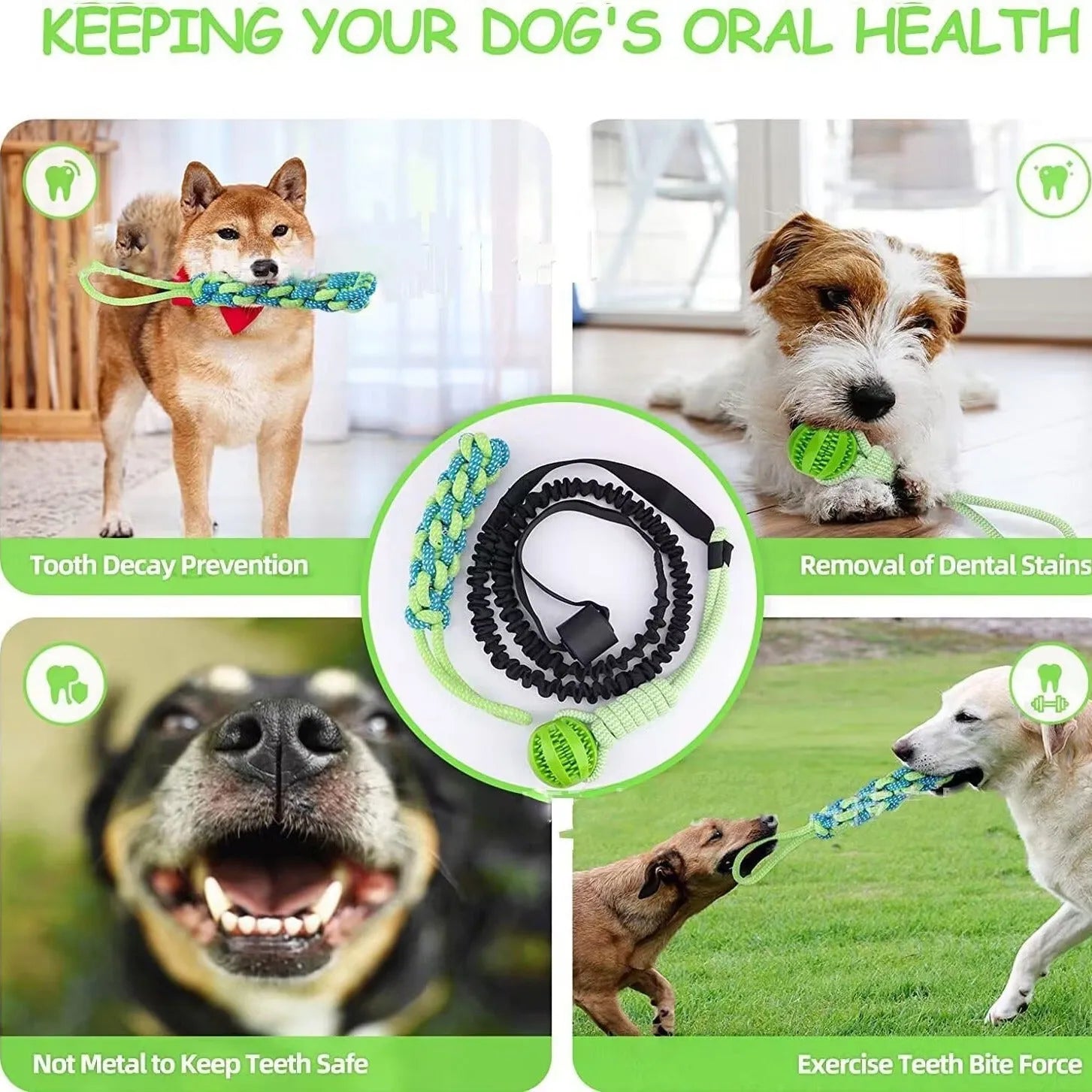 Green cotton dog tug rope toy with a teether ball end on a wooden floor.