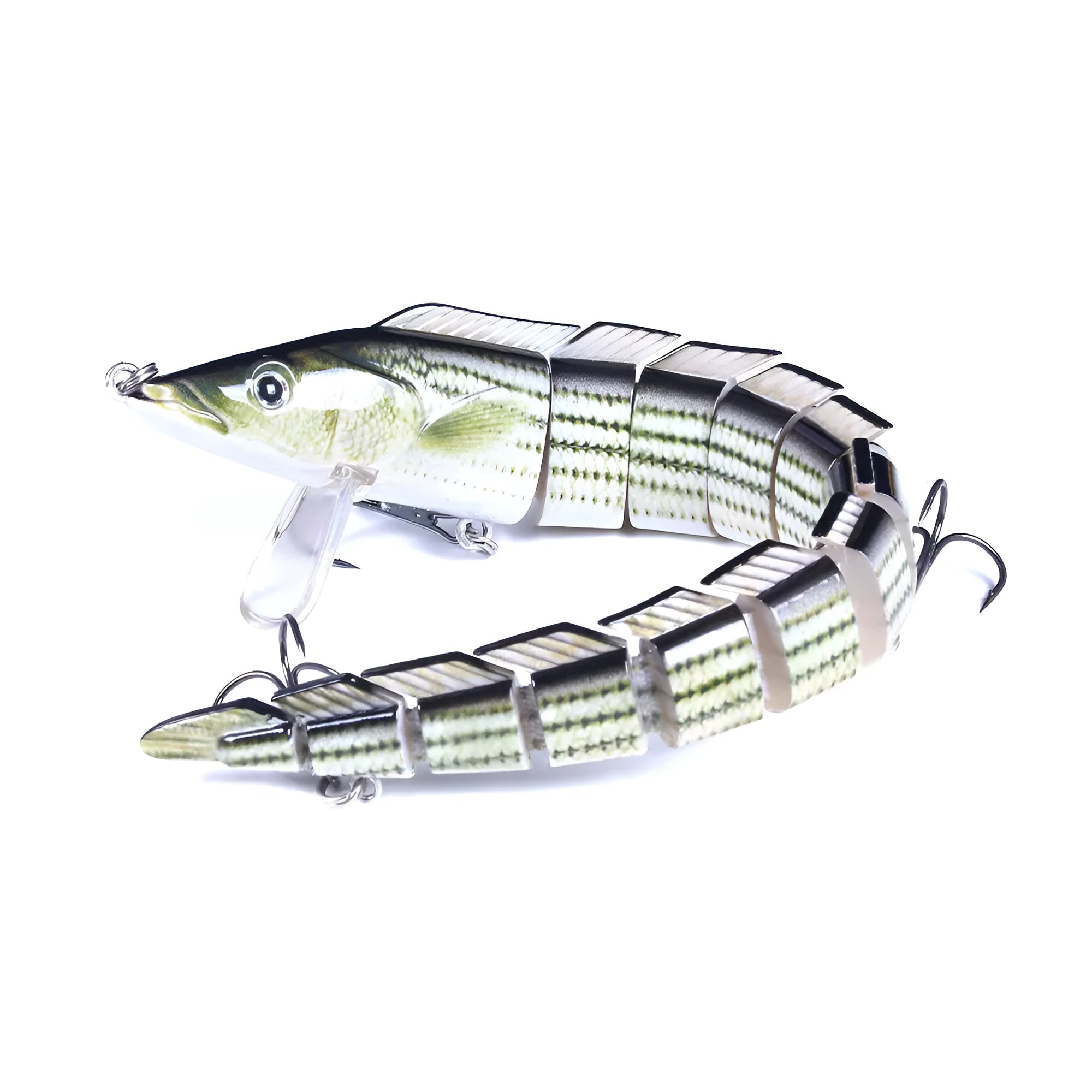 Multi-section simulated fish loach fishing lure showing segmented body design and #2 hook