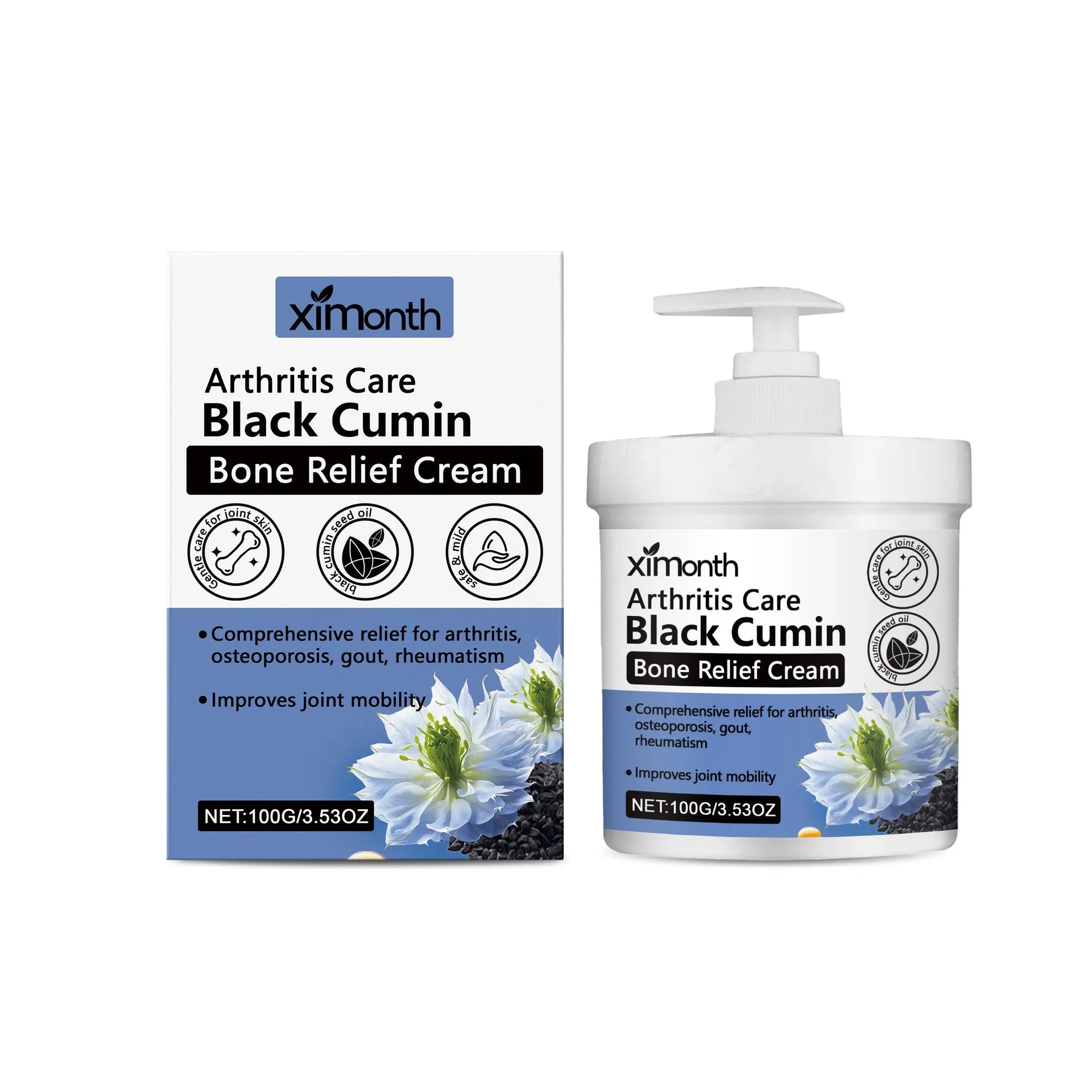 100g container of joint relief cream with mint leaf and cumin seed oil formulation