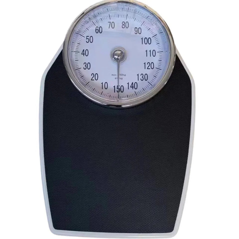 Black mechanical weight scale with large dial measuring 47x35x11cm