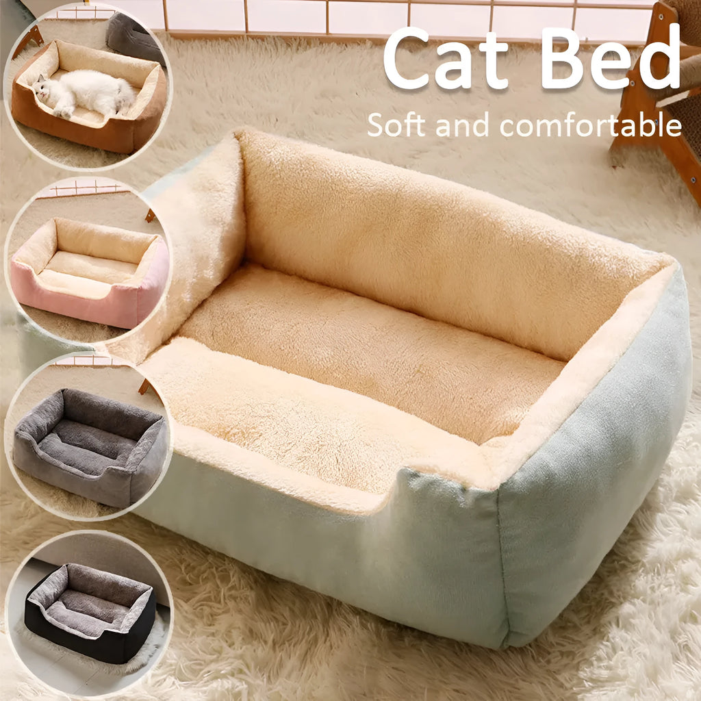 Short plush cat bed in chosen colour showing size options from 45x30cm to 80x60cm