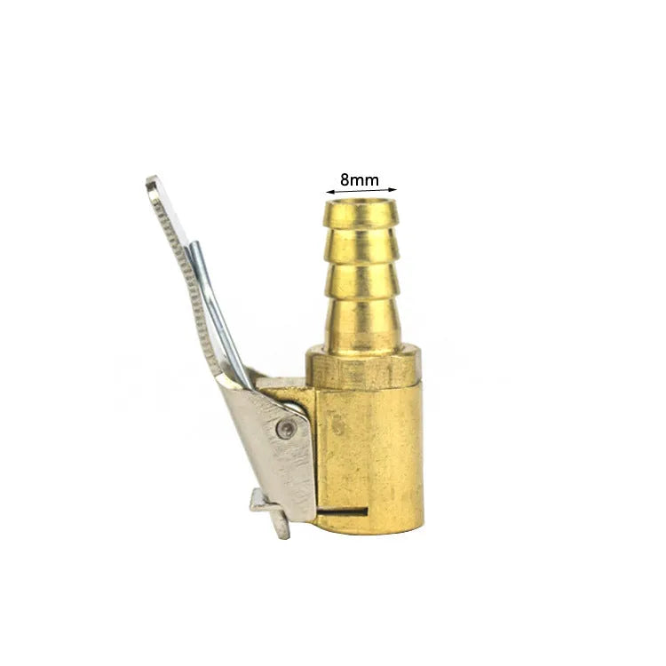Brass tyre inflation clamp with bulging mouth connector for 8V1 valves, shown next to a car tyre.