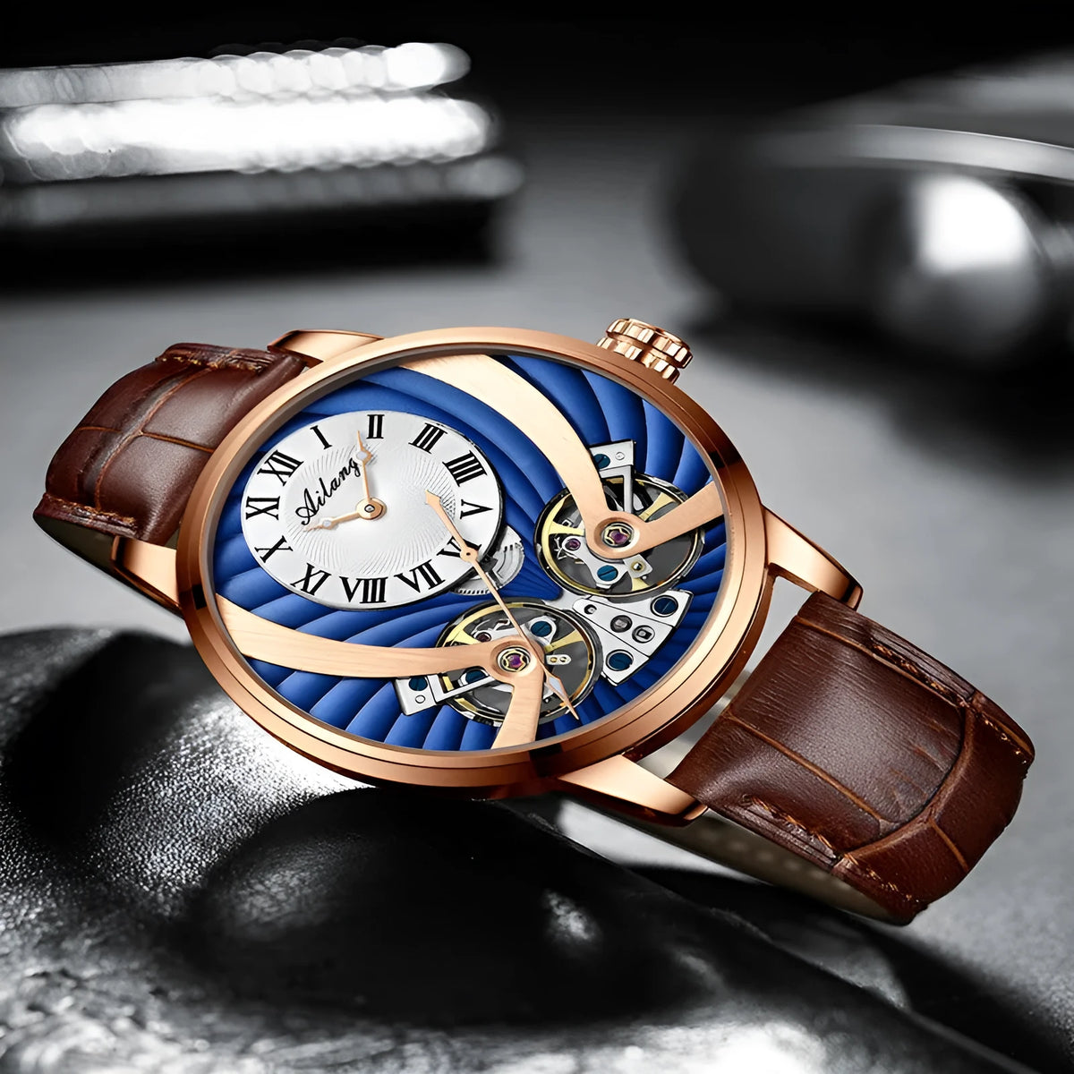 Men's automatic hollow mechanical watch with skeleton dial, 13mm case, blue or black face, brown or black belt