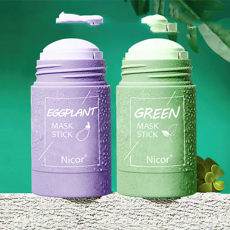Green tea and eggplant solid clay mask sticks in 40g format for facial skin care.