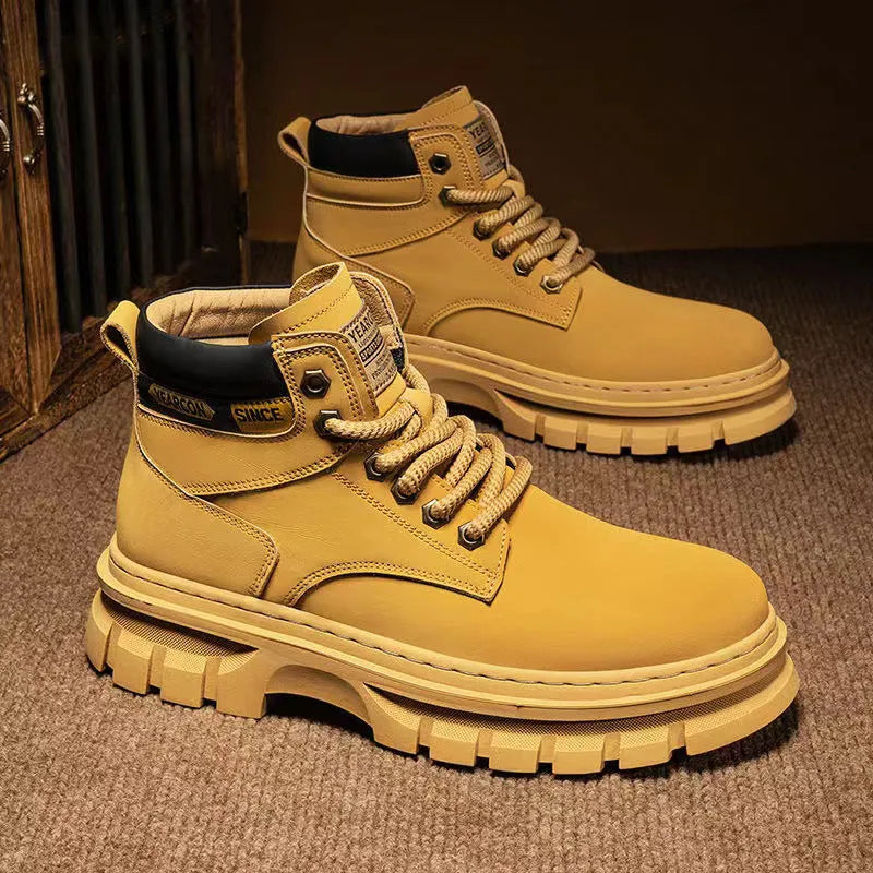 Men's Martin boots with artificial PU leather upper, round toe, and front lace-up closure