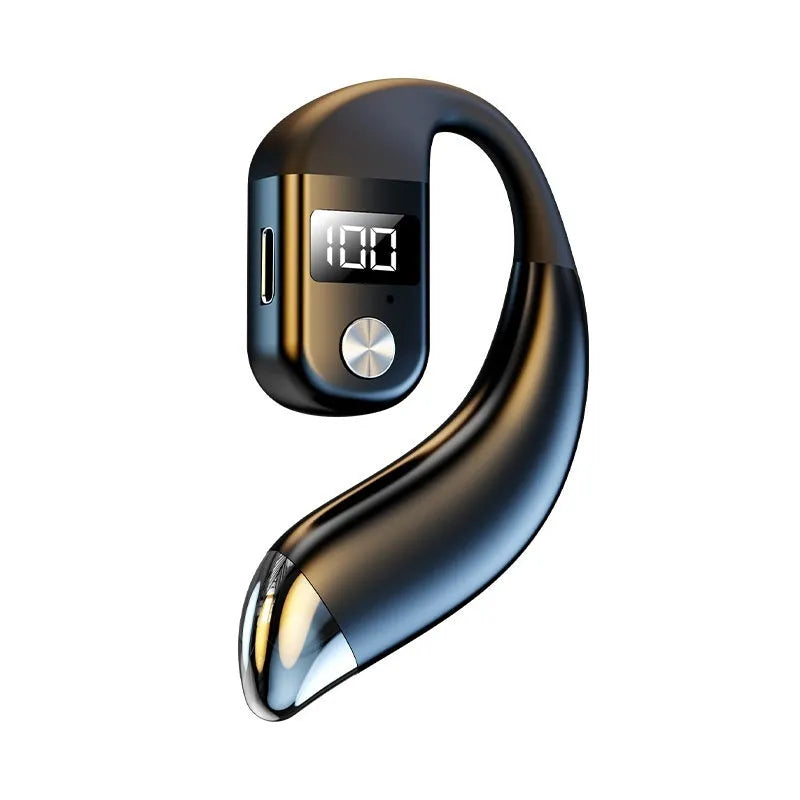 Digital display Bluetooth earphone, over the ear single ear design, black or blue, ABS waterproof body