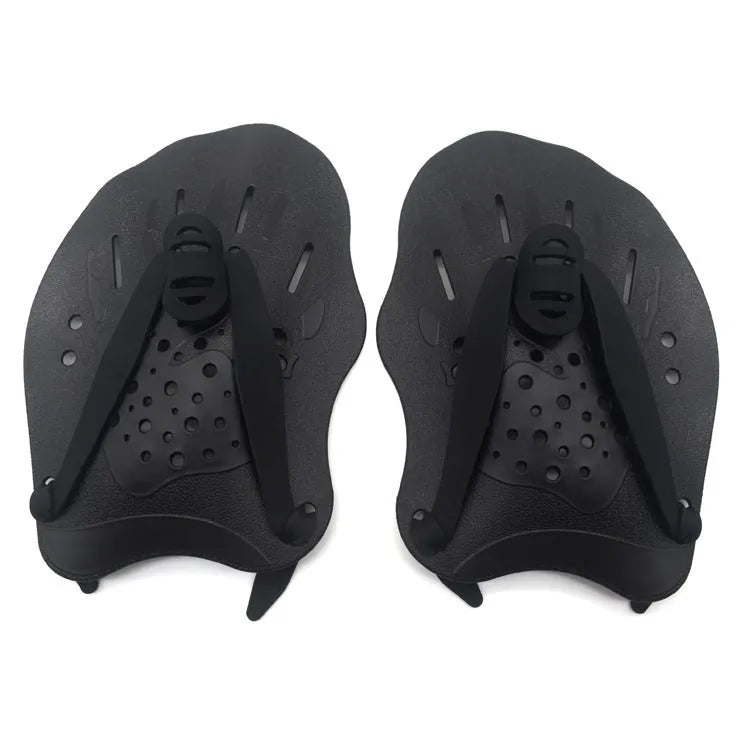 A pair of webbed swimming training hand paddles shown in blue, with size options S, M, L available.