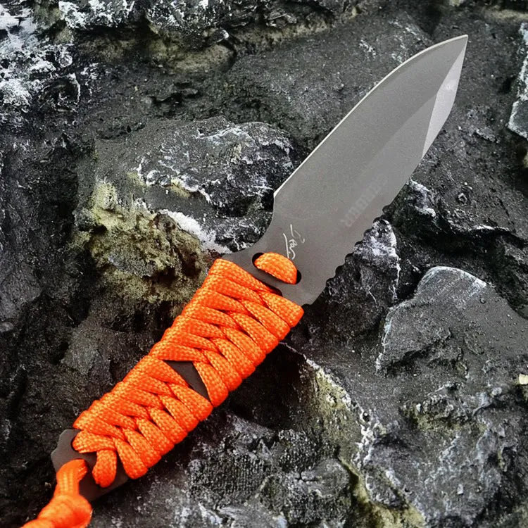 BG197 fixed blade camping survival knife with straight blade, rope-wrapped handle, and black ABS plastic sheath.