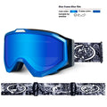 Motorcycle goggles with TPU frame and double-layer lens in assorted colours on a storage cloth bag.