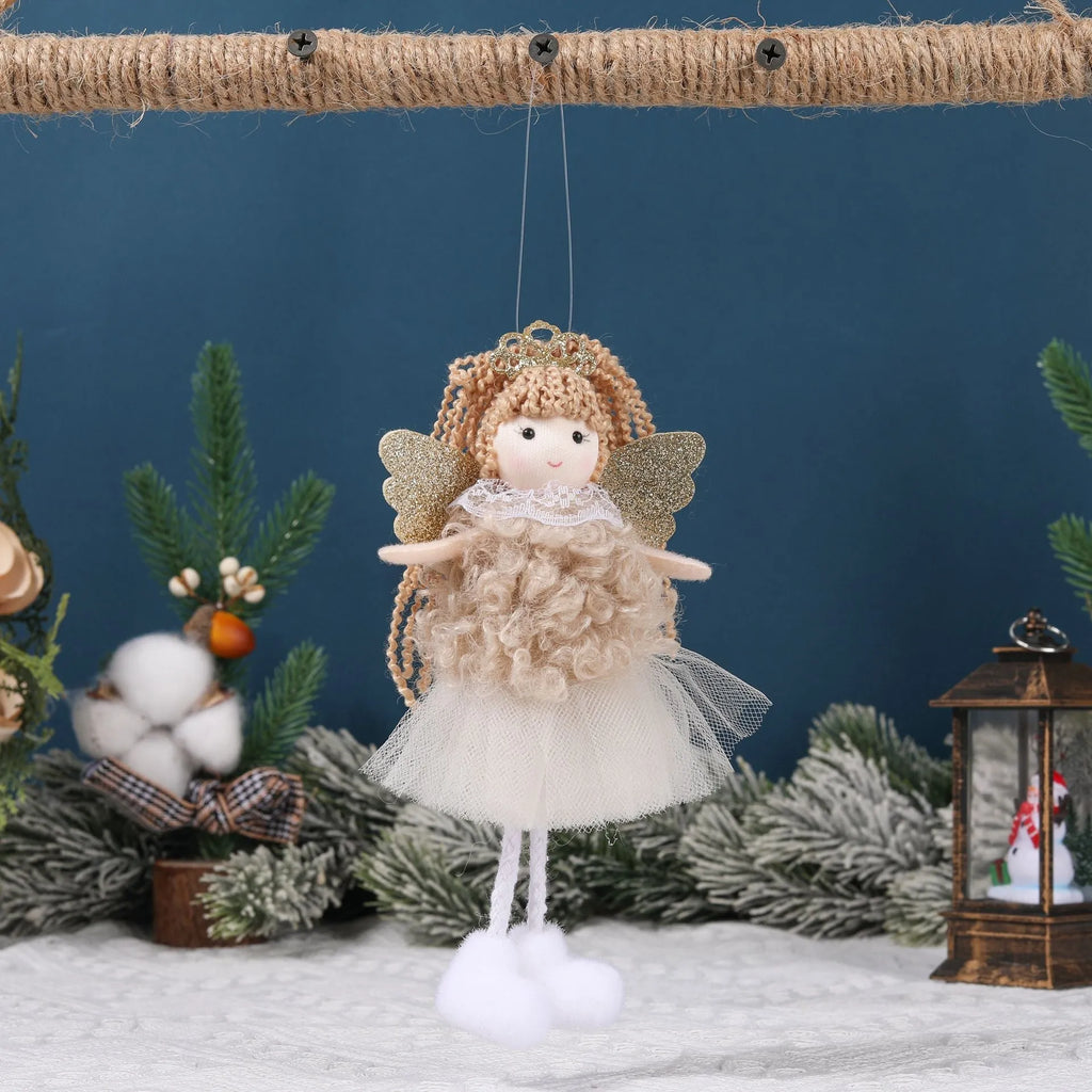 Cartoon angel cloth hair clip pendant for Christmas, shown on a high ponytail.