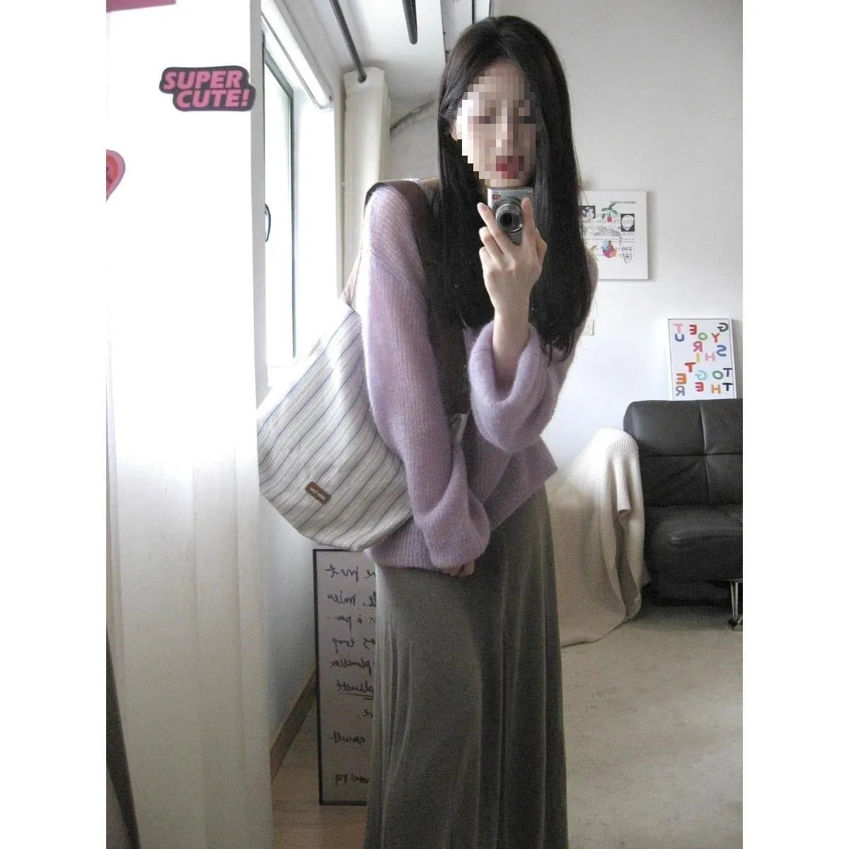 Women's purple ice silk blouse with hollow-out design and princess sleeves, loose fit pullover.
