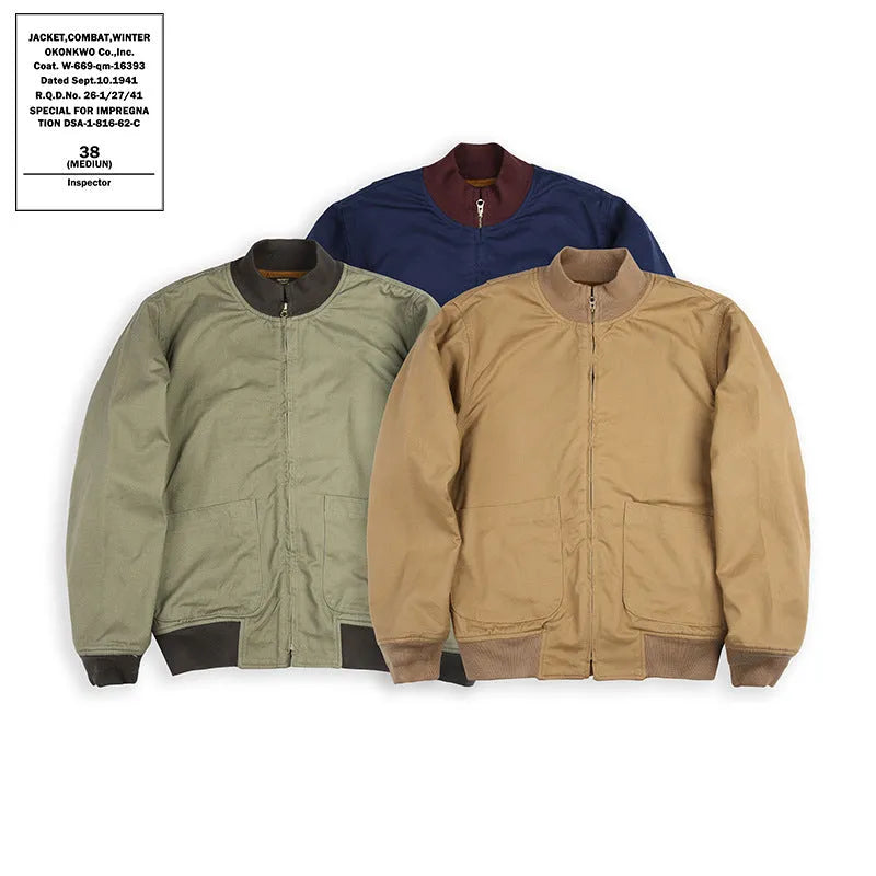 Men's solid colour tank jacket with stand collar, size stick pocket, and round hem in amekaji style – khaki colour