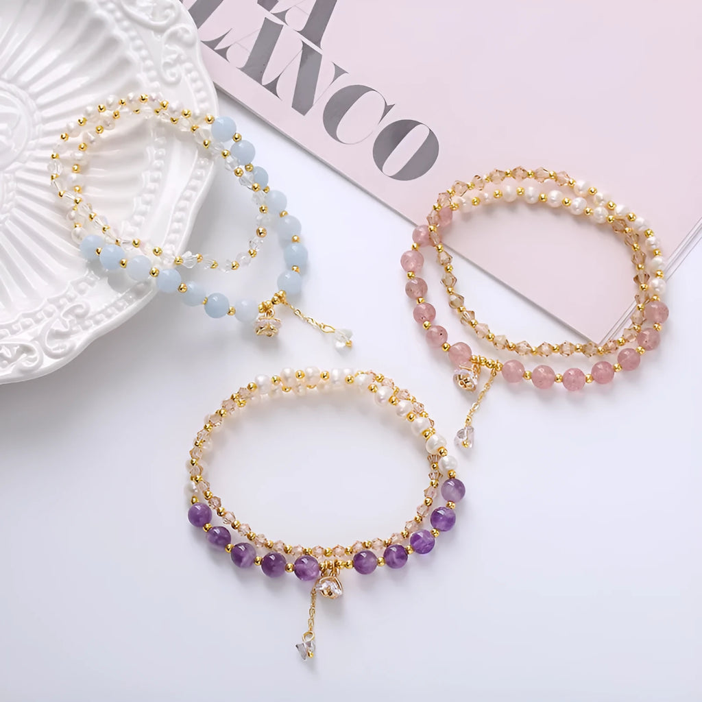 Handmade natural freshwater pearl and crystal double ring bracelet for women in choice of three colours
