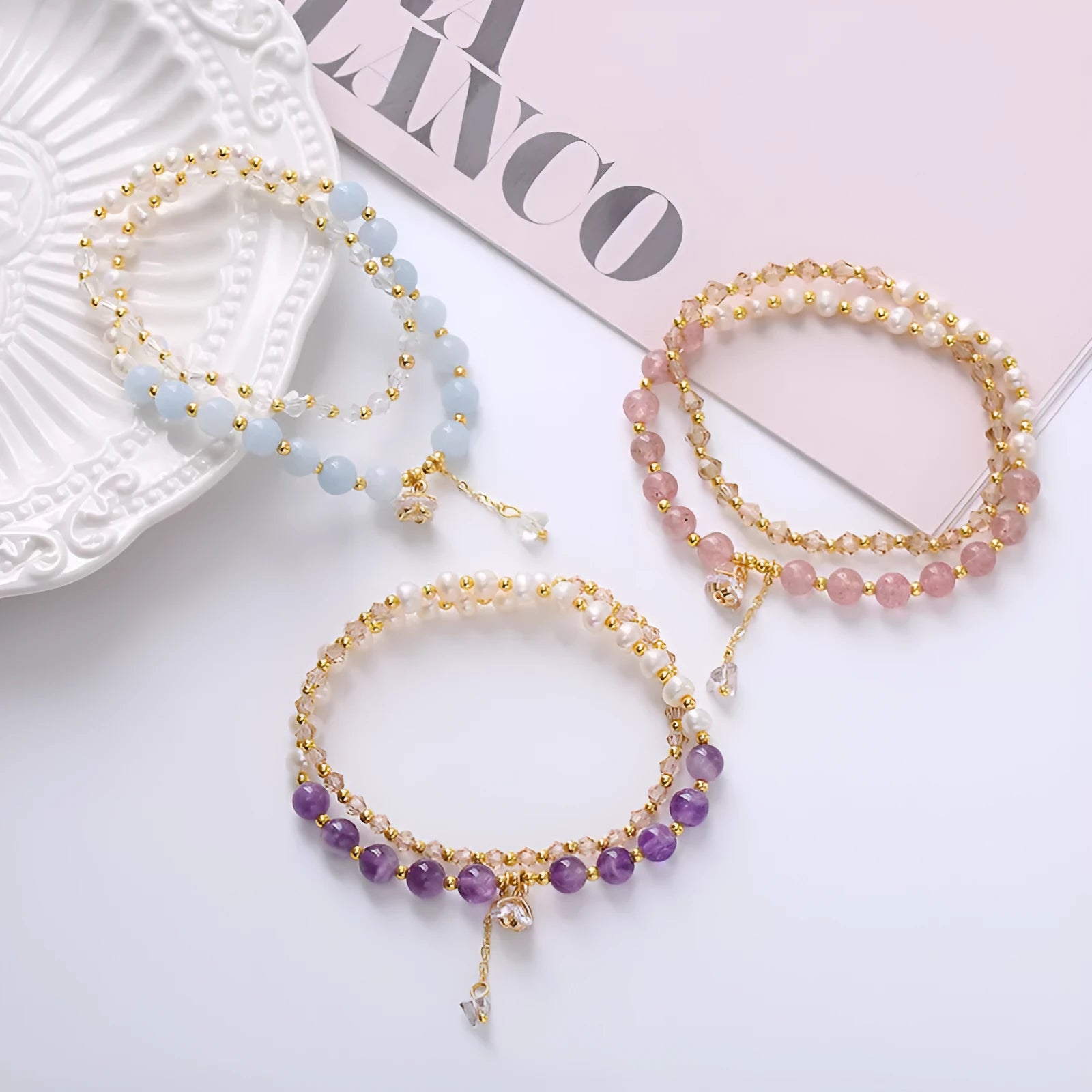 Handmade natural freshwater pearl and crystal double ring bracelet for women in choice of three colours