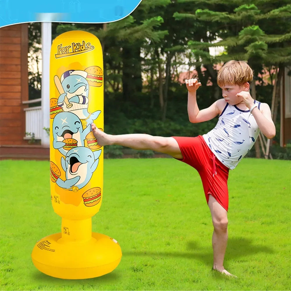 Yellow inflatable boxing column with hamburger print design standing upright.