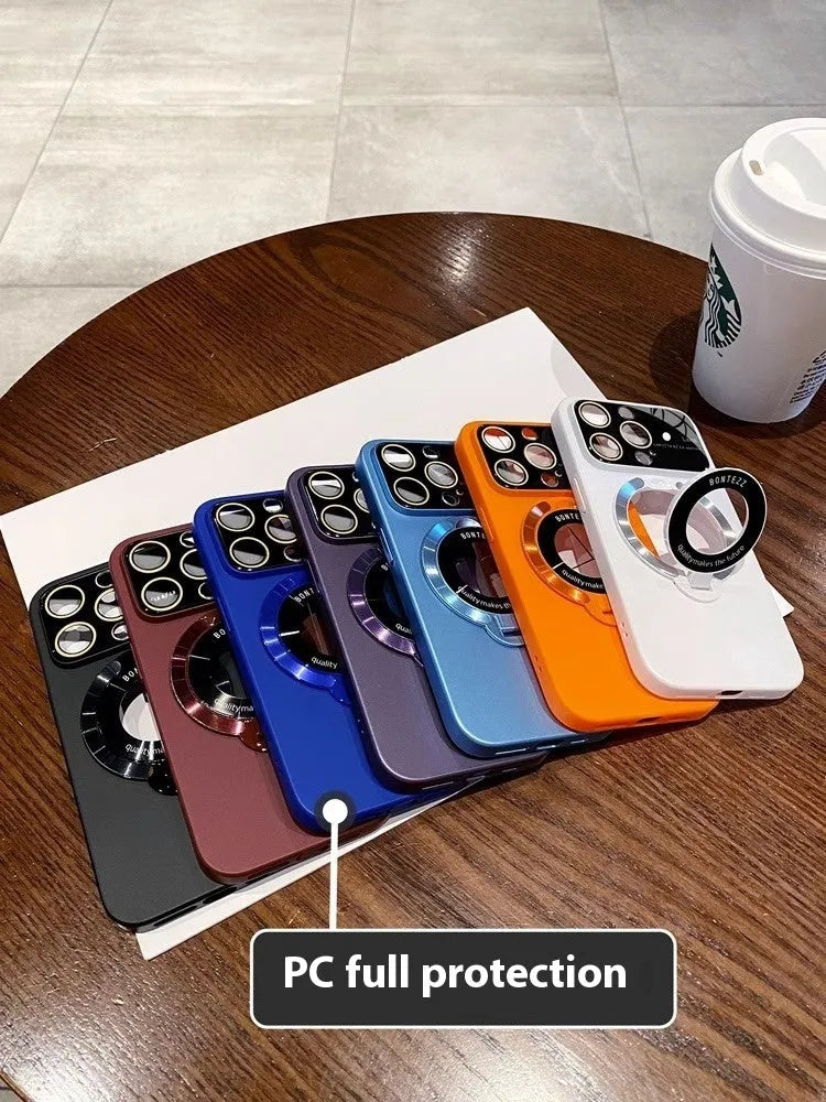 Magnetic flip iPhone case in black with built-in bracket and lens protection, all-inclusive PC shell.