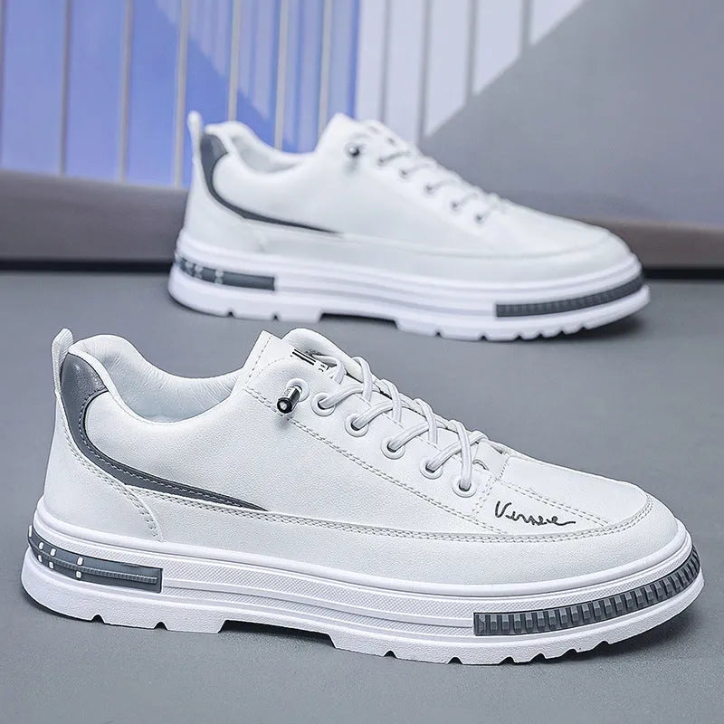 Men's white platform sneakers with elastic band closure and round toe design