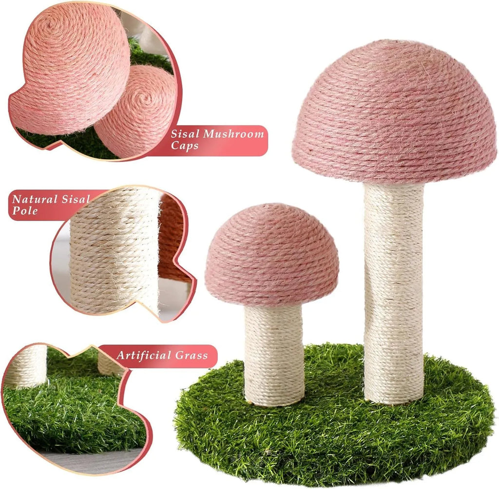 Pink mushroom-shaped cat scratching post with natural sisal covering for small cats up to 1.9kg